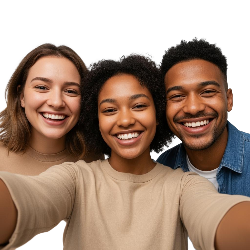 Trois amis souriants prenant un selfie ensemble