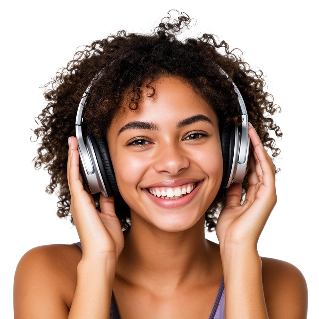 Personne souriante avec un casque audio